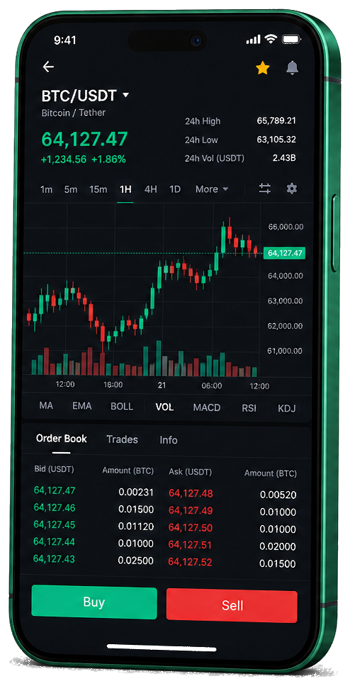 Interface mobile de trading Trancheoir AI — prix BTC/USDT en direct, carnet d’ordres et outils de suivi des opérations